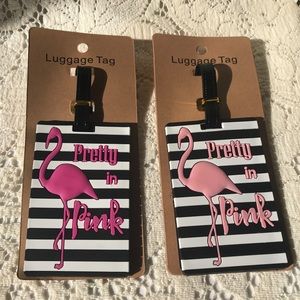 SET OF TWO FUN WHIMSICLE PINK FLAMINGO LUGGAGE BAG TAGS